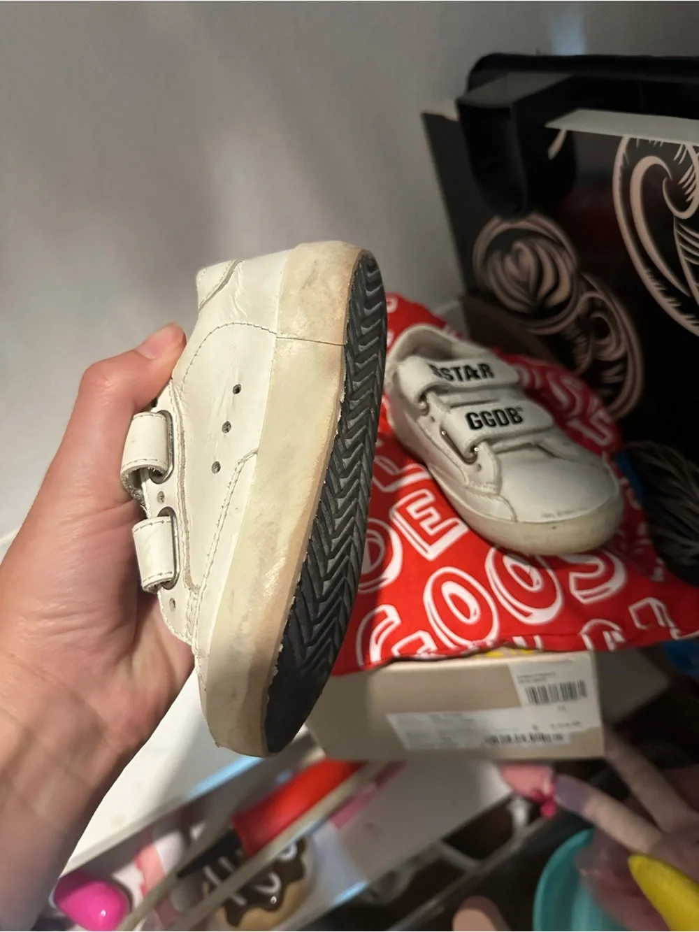 Golden Goose Kids White Velcro Sneakers with Black Logo Accents